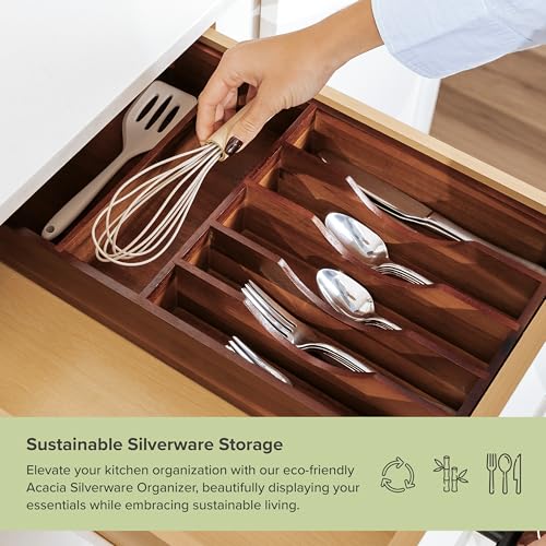 KitchenEdge Silverware Organizer - Cutlery, Flatware, and Utensil Holder for Kitchen Drawers, Fixed 10.5” Width, 7 Storage Compartments, Non-Slip Feet, Rounded Corners, Acacia Wood - color: Natural Acacia