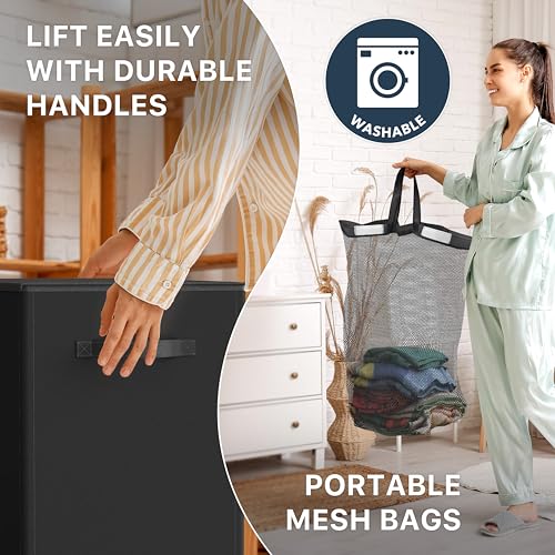 Simple Houseware Double Laundry Hamper with Lid and Removable Bags, Black - color: Black