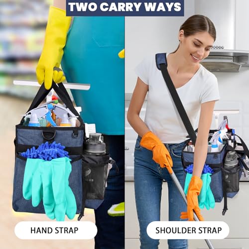 Large Wearable Cleaning Caddy Bag with Detachable Divider, Cleaning Organizer with Handles, Cleaning Supply Tote with Adjustable Shoulder Strap&Waist Belt for Cleaners & Housekeeper (Blue) - color: Blue