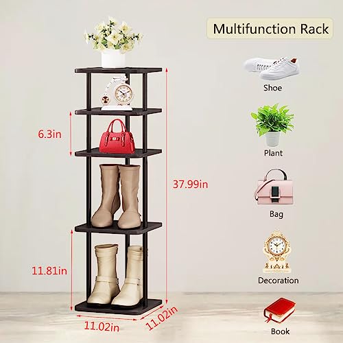 SORCEDAS 5 Tiers Vertical Shoe Rack Wooden Shoe Storage Organizer for Space Saving Narrow Shoe Shelf Storage 5 Pairs for Entryway Living Room Bedroom(Black + Rustic Dark Brown) - color: Black + Rustic Dark Brown, size: 5 Tier-Standard