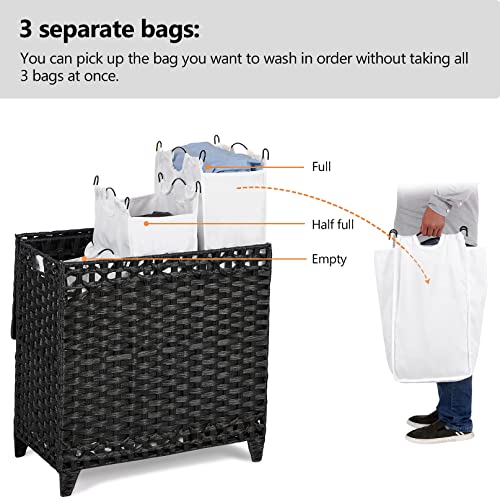 Laundry Hamper with 3 Removable Liner Bags; 132L Handwoven Rattan Laundry Basket with Lid & Heightened Feet; Clothes Hamper with Side Handles; Laundry Sorter with 3 Separate Sections - color: Black, size: 132L-3 Section