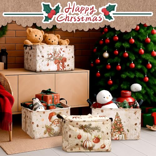 4 Pack Christmas Storage Bin Collapsible Large Christmas Storage Baskets for Gifts Xmas Tree Canvas Laundry Basket Foldable Box with Handle for Office Home Bedroom Clothes Toys Holiday Decor - style: Snowman