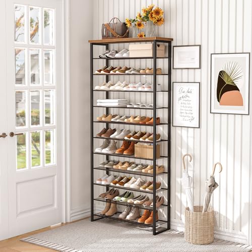 HOOBRO 12-Tier Shoe Rack for Entryway, 29.5" L Shoe Storage Organizer, Large Capacity Shoe Shelf for Closet, Front Door Entrance, Hallway, Holds 36-48 Pairs of Shoes, Rustic Brown and Black BF127XJ01 - color: Rustic Brown + Black, size: 12 Tiers (29.5"W)