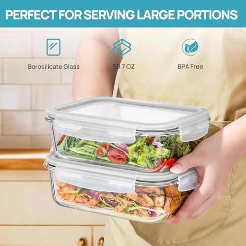 Vtopmart 2Pack 1500ml/50.7oz Large Glass Storage Containers with Lids, Meal Prep Food Container Set with Snap Airtight Lid for Baking, Microwave, Oven, Leak Proof, for Freezer, Dishwasher, Grey - color: Grey, size: 50.7oz