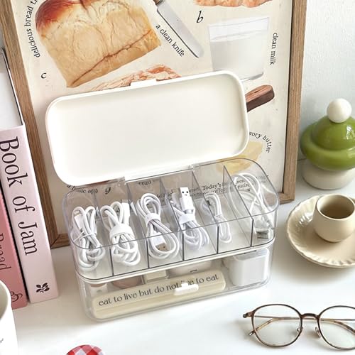 RayHenry 2 PCS Stackable Cable Organizer Storage Box, Desktop Cord Management Box for Chargers, Jewelry, Hair Ties, Cables, Desk Organizer with Drawer