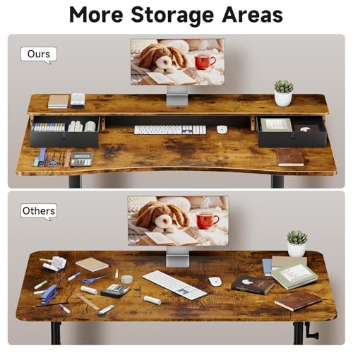 Veken 47.2"×27.6" Standing Desk with Storage Drawers, Adjustable Height Computer Table with Monitor Shelf, Home Office Desk for Study, Gaming, Workstation, Brown - color: Brown