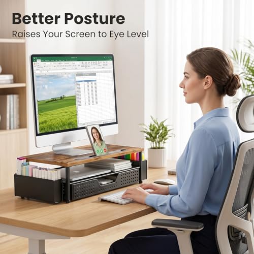 Desk Organizer and Accessories, 2-Tier Computer Monitor Stand Rise with Phone Holder, Drawer & 2 Pen Holders, Laptop & Printer Stand for Desktop, Workspace Organizers for Office Supplies (Brown Wood) - color: Brown Wood