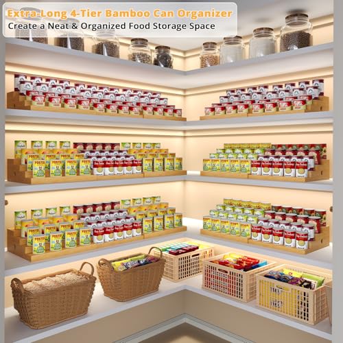 4-Tier Extra-Long Expandable Can Rack, Adjustable Bamboo Organizer for Pantry, Can Storage Holder for Pantry Shelf & Countertop, Large Capacity Holds 60 Cans (3.75oz), Patent Pending - size: Extended