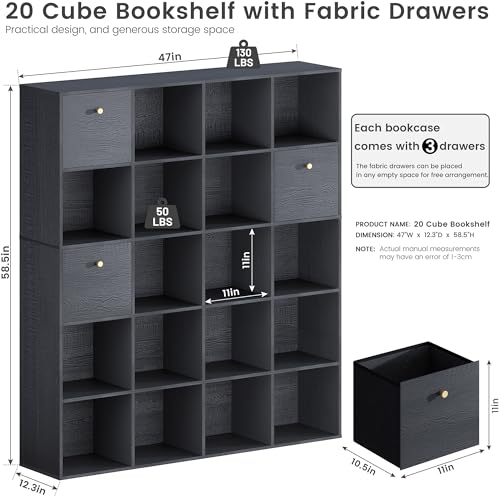 Large Cube Storage Organizer Unit, 20 Open Shelves Bookcase with 3 Drawers, Black Wood Grain Shelf for Living Room, Entryway, Black Bookshelf, Book Case, Freestanding Display Rack for Office - color: Black, size: 20 Cube