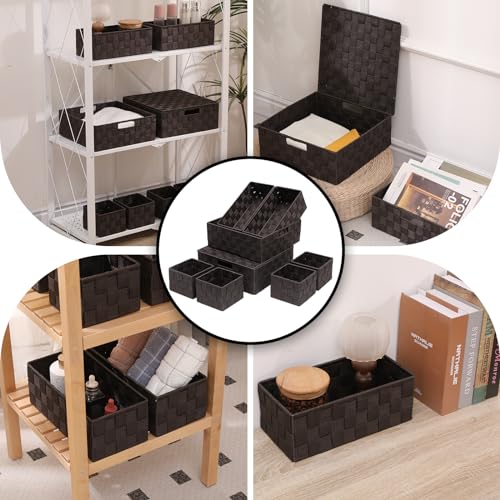 Storage Bins Woven Organizer with Lids Set of 8 – Polypropylene Storage Baskets with Metal Frame, Stackable Fabric Boxes for Drawers, Closet, Shelf, Nursery and Office, Brown - color: Brown, size: 8PCS-with lid