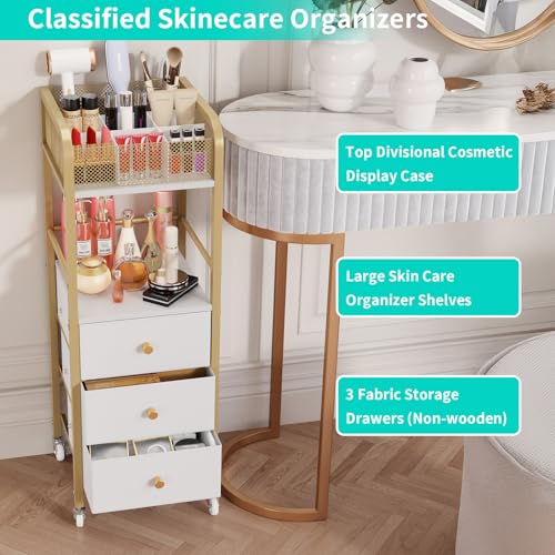 HapiRm Rolling Makeup Cart Organizer - Floor Skincare Make Up Storage with 3 Non-woven Fabric Drawers, Vanity Organizer Cosmetic Display Cases Holder for Skin Care Perfume Nail Polish Brush Hair Tool - color: Gold