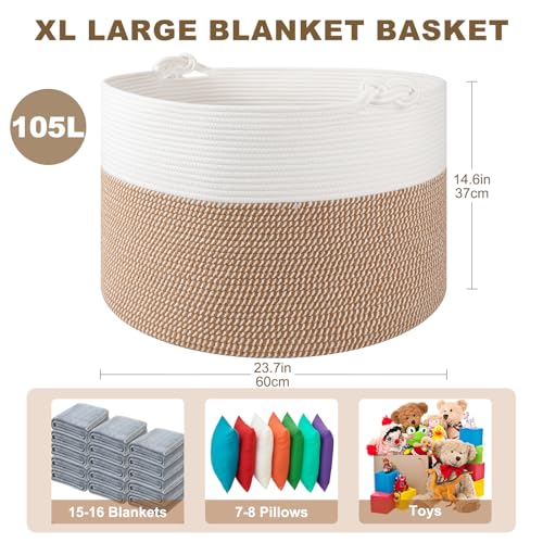 OIASKET XXL Large Blanket Storage Basket for Living Room, 105L Woven Cotton Rope Basket with Handles, Baby Toy Storage, Laundry Hamper for Clothes, Pillows, Towels-Yellow and White - color: Yellow & White, size: 105L