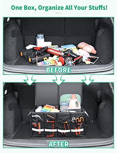 Oasser Trunk Organizer Cargo Organizer Trunk Storage Waterproof Collapsible Durable Multi Compartments with Foldable Hard Cover Aluminium Alloy Handle Reflective Strip (Large, Black) - color: Black, size: Large
