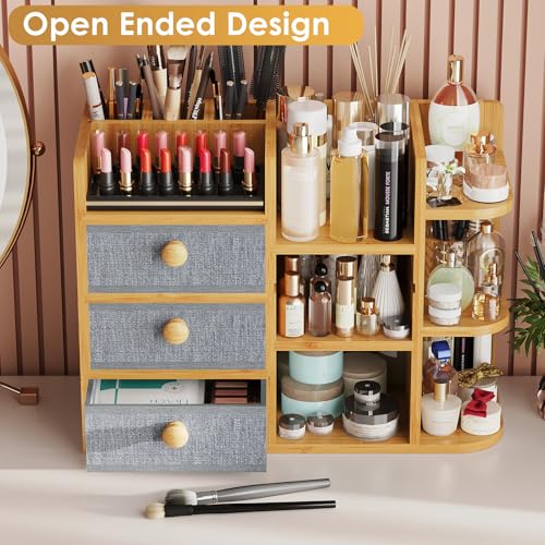 Large Makeup Organizer For Vanity, Large Capacity 3 Tiers Bamboo Bathroom Counter Organizers and Storage, Countertop Makeup Brush Holder, Nail Polish Perfume Stand with 3 Drawers and 10 Compartments - color: Natural Bamboo