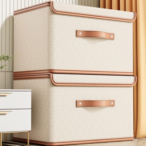 4 PCS Oxford Fabric Storage Bins with Attached Lid - Large Clothes Organizer (44x30x29cm), Breathable Collapsible Closet Bins for Clothing, Seasonal & Dorm Organization, Beige - size: 4PCS