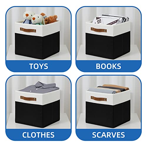 Temary 11 inch Cube Storage Bin 4 Pack Fabric Storage Cubes for Home, Fabric Storage Bin Storage Cube Bins with Leather Handles(White&Black) - color: White&Black, size: 11×11×11