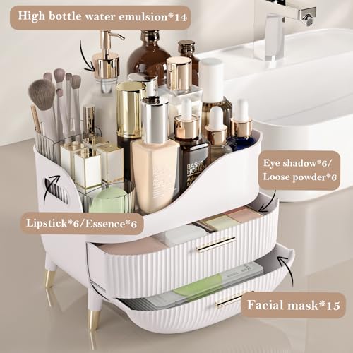 Makeup Organizer for Vanity, Large Capacity Skincare Cosmetic Organizer Countertop with 2 Drawers, Cosmetic Display Cases Makeup Storage Box for Bedroom, Bathroom, Ideal Gifts for Women(White) - color: White2