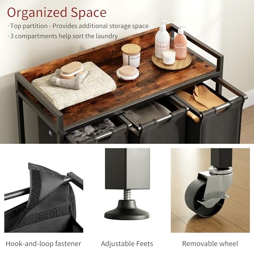Herture Laundry Hamper with Shelf, Laundry Basket 3 Section, Laundry Sorter with Pull-Out Removable Large Bags and Movable Wheels, Metal Frame, 3 x 15.87 Gallons (60L), Rustic Brown + Black PF04XLY - color: Rustic Brown + Black, size: 3 Bags-180 L