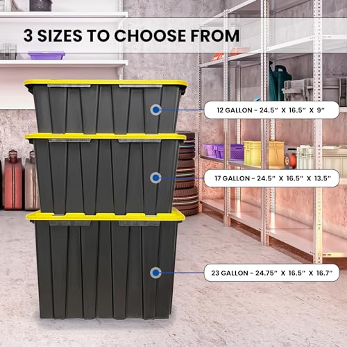 4 PACK X-Large Black & Yellow Storage Bins | Plastic Tote Organizing Container with Secure Latching Lids, Stackable, Extra Strength with Built in Handle | Black and Yellow Bins | 24.5" x 16.5" x 16.6" - size: X-LARGE - 24.5" x 16.5" x 16.6"