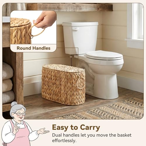 GRANNY SAYS Slim Toilet Paper Holder Baskets for 6 Mega Rolls, Bathroom Toilet Paper Storage Baskets with Lid, Wicker Natural Water Hyacinth Storage Basket with Handles for Bathroom Organizer - color: Natural (Water Hyacinth), size: 15¾"L x 6½" Wx 10¼"H (