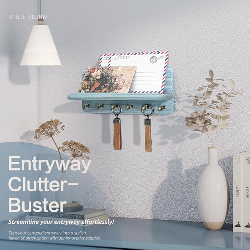 Rebee Vision Pine Wood Key Holder Wall Mount for Room Accessories – Decorative Key Holder for Wall with 6 Hooks & Floating Shelf – Rustic Wall Organizer for Home Decor Aesthetic (Blue) - color: Blue, size: Medium-11inch