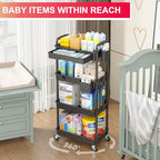 Goovilla 4 Tier Rolling Utility Cart Organizer with Removable Drawer, Stable and Sturdy Black Rolling Storage Carts with 2 Lockable Wheels for Bathroom, Kitchen, Snack, Craft, Makeup, Baby Essentials - size: 4 Tier, style: Black
