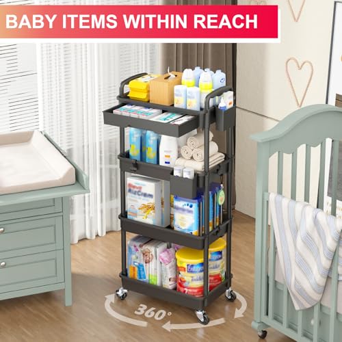 Goovilla 4 Tier Rolling Utility Cart Organizer with Removable Drawer, Stable and Sturdy Black Rolling Storage Carts with 2 Lockable Wheels for Bathroom, Kitchen, Snack, Craft, Makeup, Baby Essentials - size: 4 Tier, style: Black