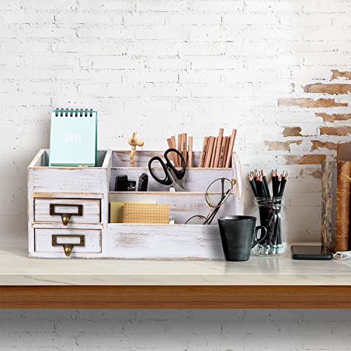 Distressed Rustic Wooden Office Desktop Organizer Shelf Tabletop Home Organizer Storage with Multiple Compartments 2 Tier Drawers perfect Jewelry storage Display Box for Desk Vanity (Washed white) - color: Washed white