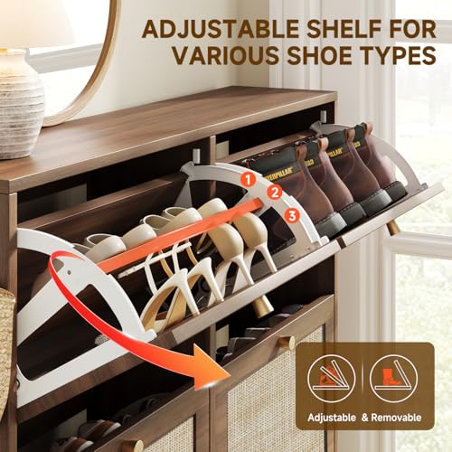 Nicetree Shoe Cabinet Storage for Entryway, 4-Flip Drawer Narrow Shoe Rack with Adjustable Shelves, Boho Modern Square Rattan Shoe Organizer, Slim Wood Storage Cabinets for Small Spaces Fits Size 13.5 - color: Toasted Caramel, style: 4 Flip Drawer - Class