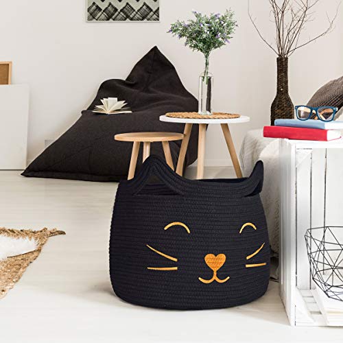 Large Woven Cotton Rope Storage Basket, Baby Laundry Basket Organizer for Toys, Blanket, Clothes, Towels, Gifts | Pet Gift Baskets for Cat, Dog - 15.7" L×11.8" H, Black - color: Black, size: 15.7"W x 11.8"H