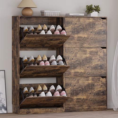 BORNOON Shoe Cabinet with 6 Flip Drawers, Slim Narrow Shoe Storage Cabinet, Freestanding Shoe Organizer for Entryway, Hallway, Foyer - color: Brown, size: 6-Drawer