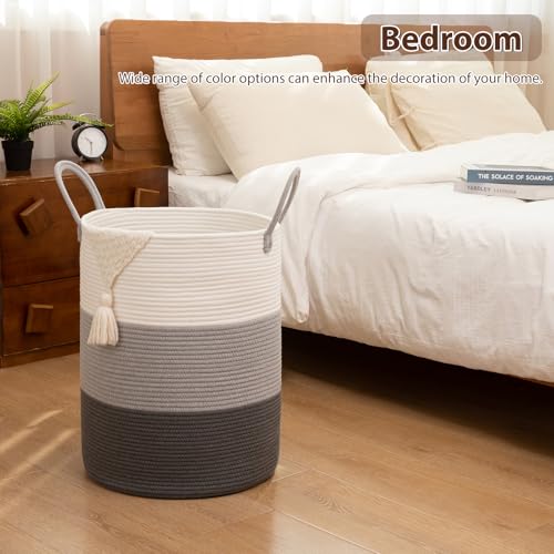 OIAHOMY Large Laundry Basket Hamper - 60L Cotton Rope Woven Basket for Blankets, Toys, Clothes - Tall Decorative Nursery Hamper with Long Handles, Gradient Grey - color: Gradient Grey, size: 60L