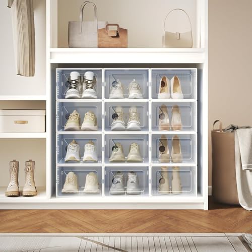 12 Pack X-Large Shoe Storage Boxes Organizers, Shoe Boxes Clear Plastic Stackable Shoe Containers with Lids, Foldable Space-Saving Storage Bins Shoe Cabinet, Fit up to Men's US 11/Women's US 12, White - color: White, size: 12 Pack-XL