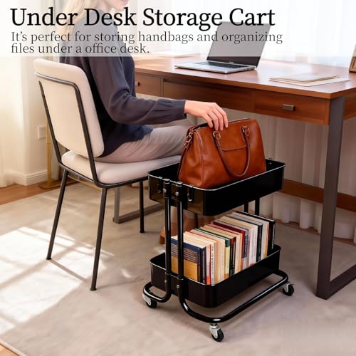 2 Tier Cart with Wheels Heavy Duty Metal Rolling Storage Cart for Under Desk Storage, Short Small Utility Shelf for Pantry Kitchen Bathroom Laundry, Home Organizer with Large Basket, Black - color: Black-1