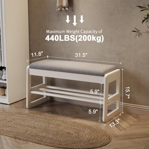 AQIMUELE Shoe Rack Bench,2 Tiers Shoe Bench with Storage with Flip-Top,Wood Shoe Rack for Entryway,Hallway（White Upholstered Seat,11.8" D x 31.5" W x 15.7" H） - color: White Upholstered Seat, size: 11.8"D x 31.5"W x 15.7"H