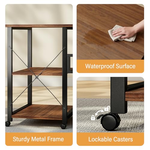 Funecy Folding Desk with Storage Shelf, Writing Office Computer Desk, 42.5 Inch Multi-Purpose Folding Dining Table, Mobile Table with Wheels (Brown)