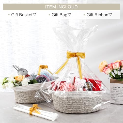 2 Pack Small Woven Basket with Gift Bags and Ribbons, Empty Decorative Gift Chest Box, Cute Baby Gift Basket for Nursery, Cotton Rope Room Shelf Storage Basket with Handles, All 12"x 8"x 5",Brown - color: Brown