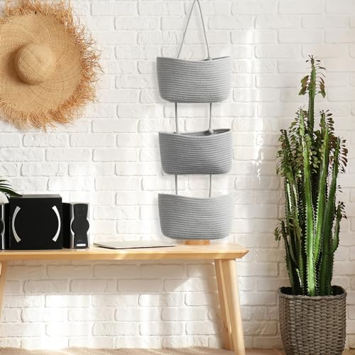 TeoKJ Over the Door Hanging Basket, 3-Tier Woven Cotton Wall-Mounted Storage Organizer Bag Decorative Hanging Nursery Baskets, Gray - color: Gray