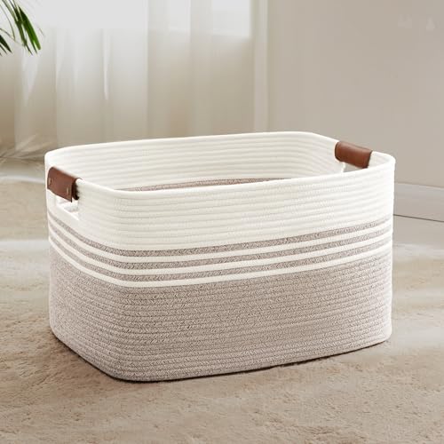 72L Large Laundry Basket with Leather Handles for Living Room Storage, Woven Rope Baskets Bin for Blanket, Kids Toy, Gifts, Wicker Hamper for Bedroom Dirty Clothes, 22"x17"x12" White Brown - color: Brown, size: 72L