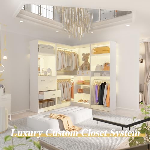 Unikito 86” Closet System, Large Corner Closets Organizer with Hanging Rods and Mirror Design, Freestanding Adjustable Wood Clothes Garment Rack with Drawers, Sturdy Walk in Closet Tower, White