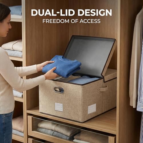 PRANDOM Storage Bins with Lids [3-Pack] Jute Fabric Foldable Storage Boxes Organizer Containers Baskets Cube with Cover for Home Bedroom Closet Office Nursery khaki（23.4X15.9X11.5 - color: Khaki, size: XL(3-Pack)