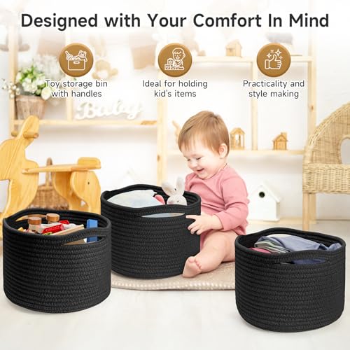Small Rope Baskets for Storage, Baskets for Gifts Empty, Cute Round Woven Basket, Decorative Shelf Baskets 9.82×9.82×7.1", Cotton Toy Basket Storage Bins for Organizer-Black - color: Black-3PCS