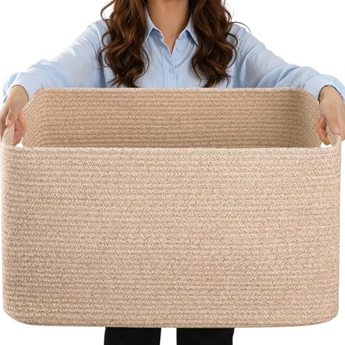 Large 75L Woven Laundry Basket, Collapsible Cotton Rope Storage Hamper for Blankets, Toys, Dirty Clothes, Rectangle Nursery Basket for Living Room, Bedroom, Baby Room - Brown - color: Brown