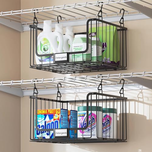 5-Tier Hanging Laundry Room Organizer with Label Cards, Foldable Wire Shelf Basket with 4 Rotating Hooks, Stacked Storage Rack for Laundry Rooms, Closet and Pantry, Black Metal - color: Black, size: 5Tier-15"D x 11"W