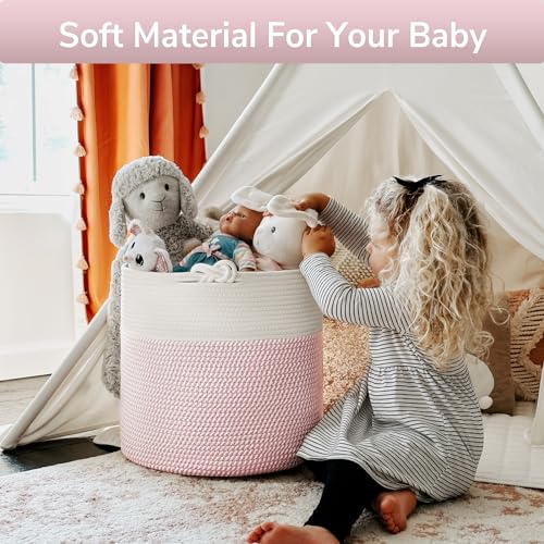 Goodpick Baby Storage Basket, Pink Laundry Basket 15 x 14.2 Inches, Toy Basket for Clothes, Nursery Basket for Toys, Soft Woven Basket for Storage, Pink - color: Pink, size: 15 × 14.2 inches