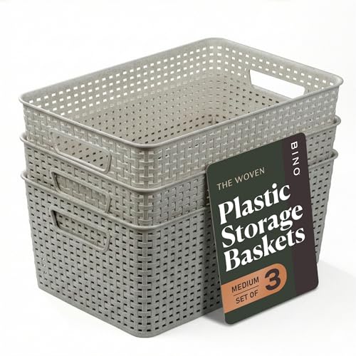 BINO | Plastic Storage Baskets, 13.5 Liter - 3 Pack, Natural Grey | THE WOVEN COLLECTION | Storage Basket for Shelves | Woven Storage Baskets for Organizing Bins Pantry Shelf Organizer | Container Bin - color: Natural Grey, size: 13.5L | 3-Pack