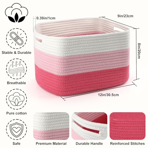 4 Pack Storage Baskets for Organizing, 12''Lx9''Wx8''H Woven Baskets for Storage Toys, Towels, Books, and Clothes, Cotton Rope Basket for Shelves with Handle (White & Pink) - color: White & Pink