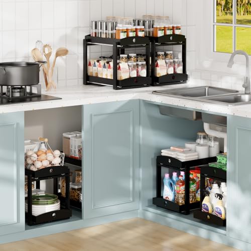 APRTAT 2 Pack Under Sink Organizer, Bamboo Wooden 2-Tier Pull-Out Storage with Sliding Drawers for Kitchen and Bathroom Cabinets, Easy Installation (Black) - color: Black