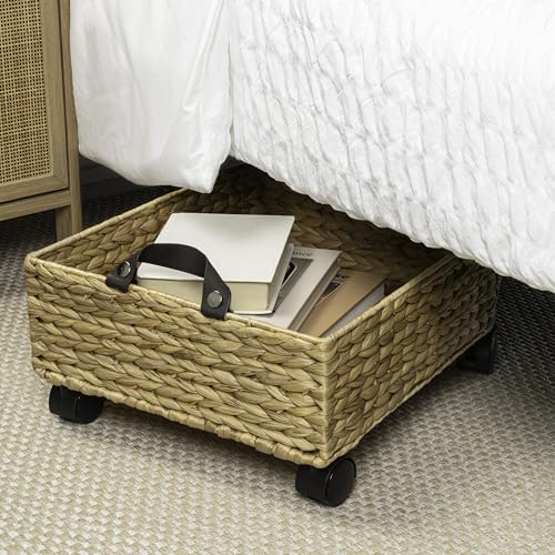 happimess BSK2014A Adaline 18.11" Classic Farmhouse Handwoven Hyacinth Rectangular Underbed Storage Bin with Wheels and Handles for Storage and Decoration in Bathroom, Bedroom, Entryway, Natural - color: Natural