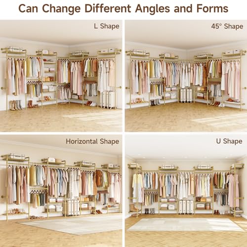 ONBRILL L7 Wall Mounted Industrial Pipe Clothing Rack – Heavy Duty Modular Closet System with 9 Hanging Rods ( 6 Expandable) & 10 Adjustable Shelves, Corner Garment Rack, Large Wardrobe - Gold - color: Gold